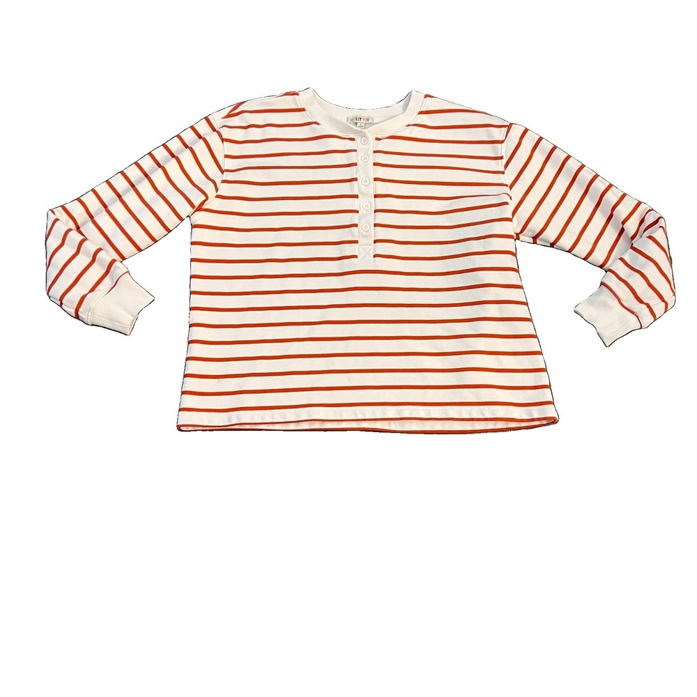 Molly Yeh Sweatshirt Large Henley Boxy French Terry 100% Cotton Orange White‎